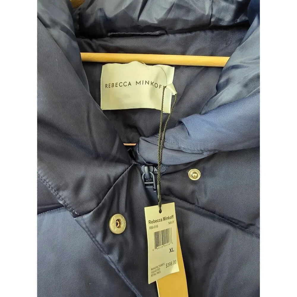Rebecca Minkoff Navy Hooded Quilted Vegan Down Puffer Coat XL NWT Cozy Outwear